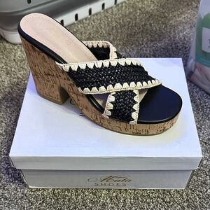 Women's Black and Cream Wedge Sandals